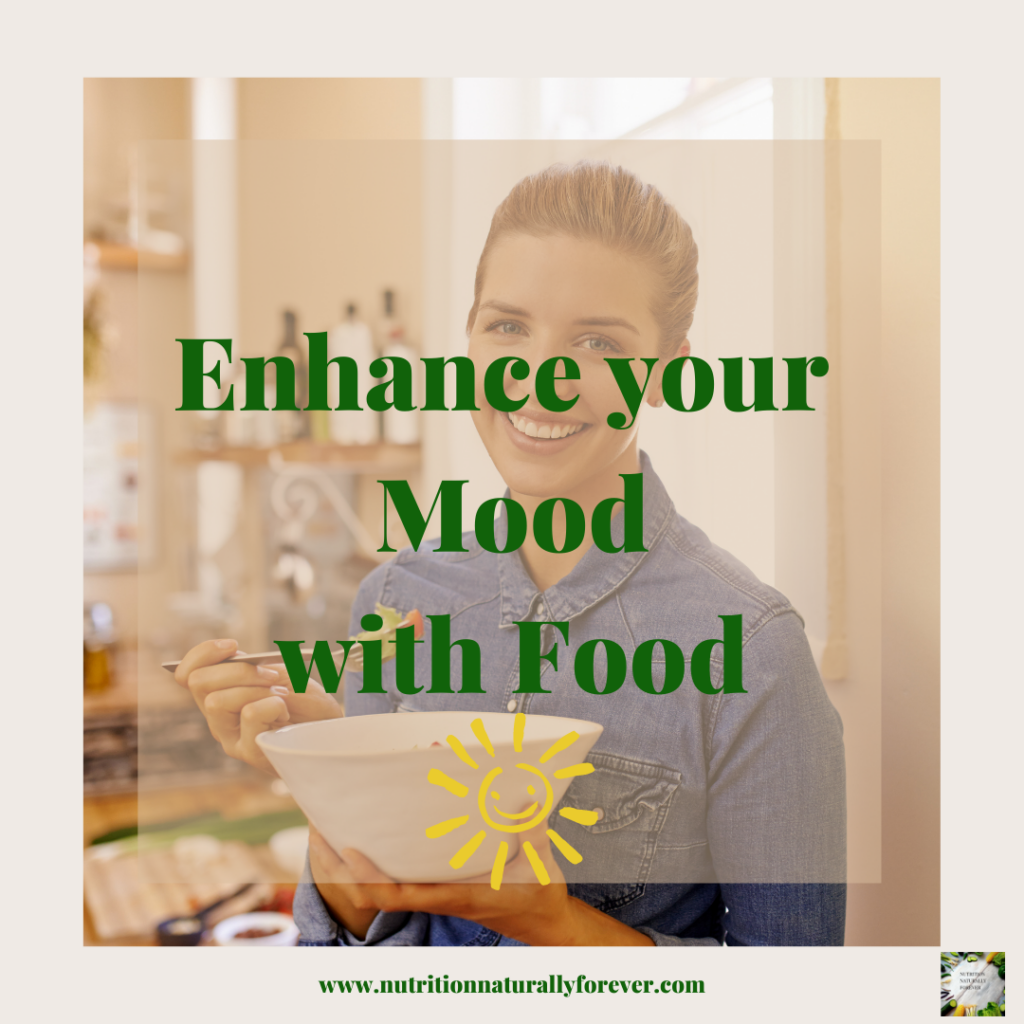 Lady eating mood boosting food and smiling. Enhance your Mood with Food