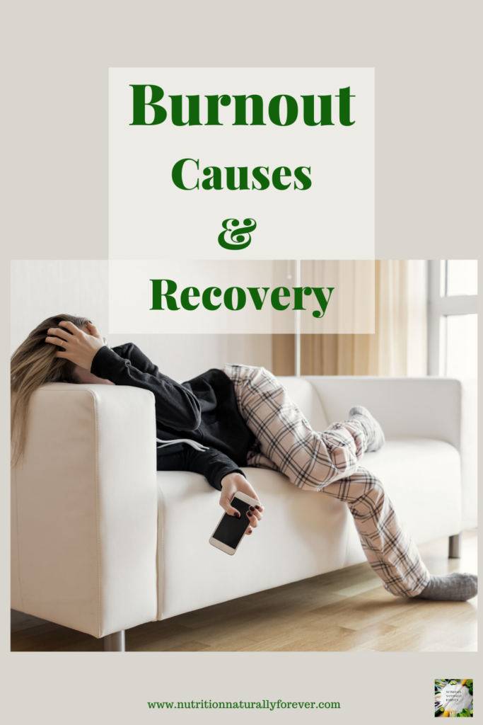 Woman lying on the couch in pj's with TV remote. Burnout, Causes & Recovery