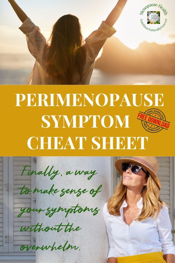 Perimenopause Symptom Cheat Sheet.  Menopause Doula, Sue Wappett, Nutrition Naturally Forever.