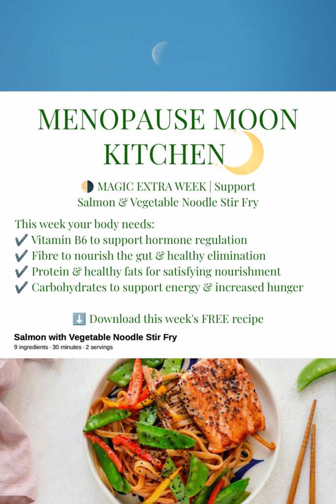 Last quarter moon, salmon and vegetable noodle stir fry, nutrition naturally forever, The Menopause Pantry